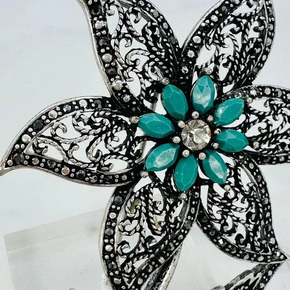 Big 3.25” Flower Brooch Pin Filigree Faux Turquoise Rhinestone Marcasite